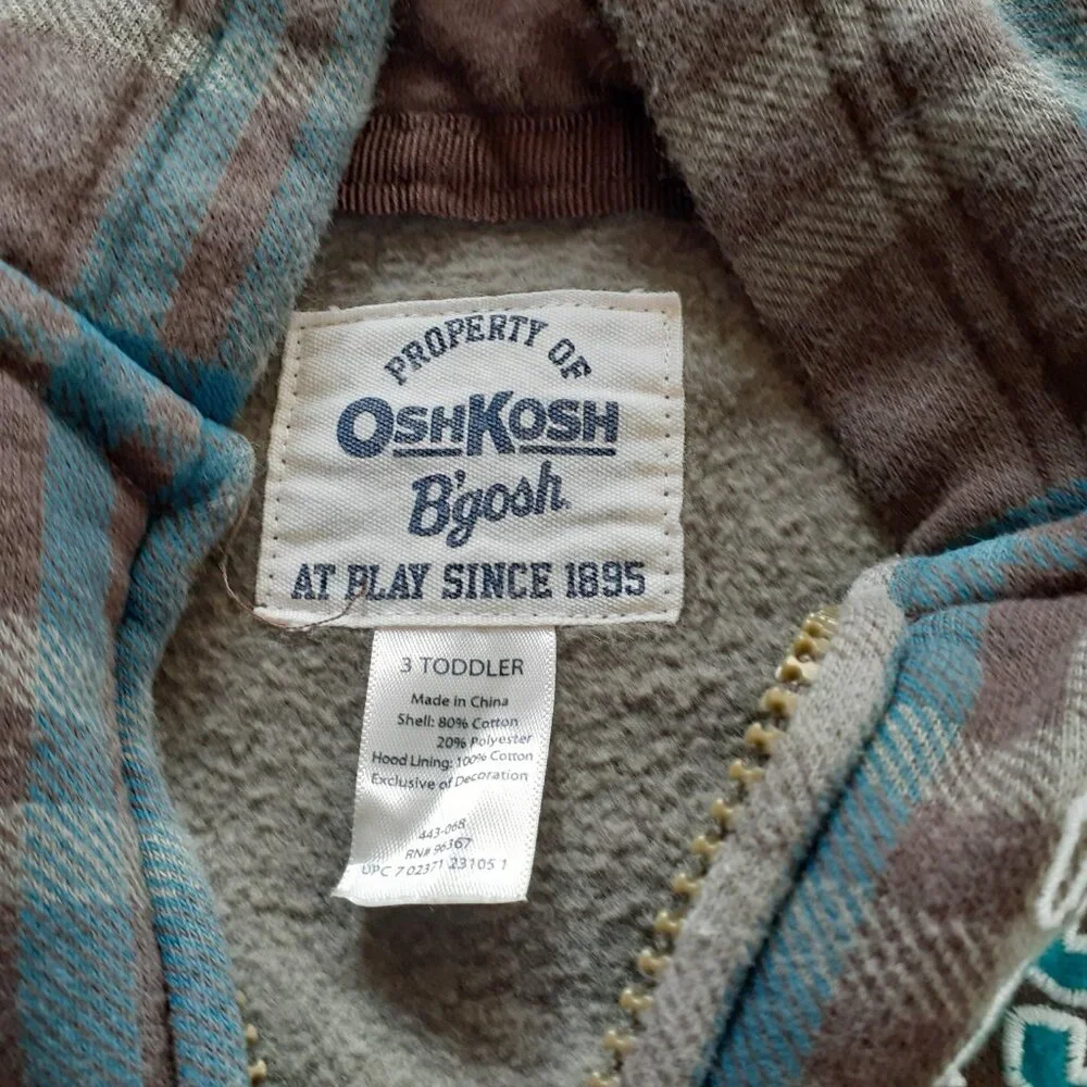 Oshkosh Boys Jacket Sweatshirt Hoodie Brown Blue Plaid Fleece Zip 3T